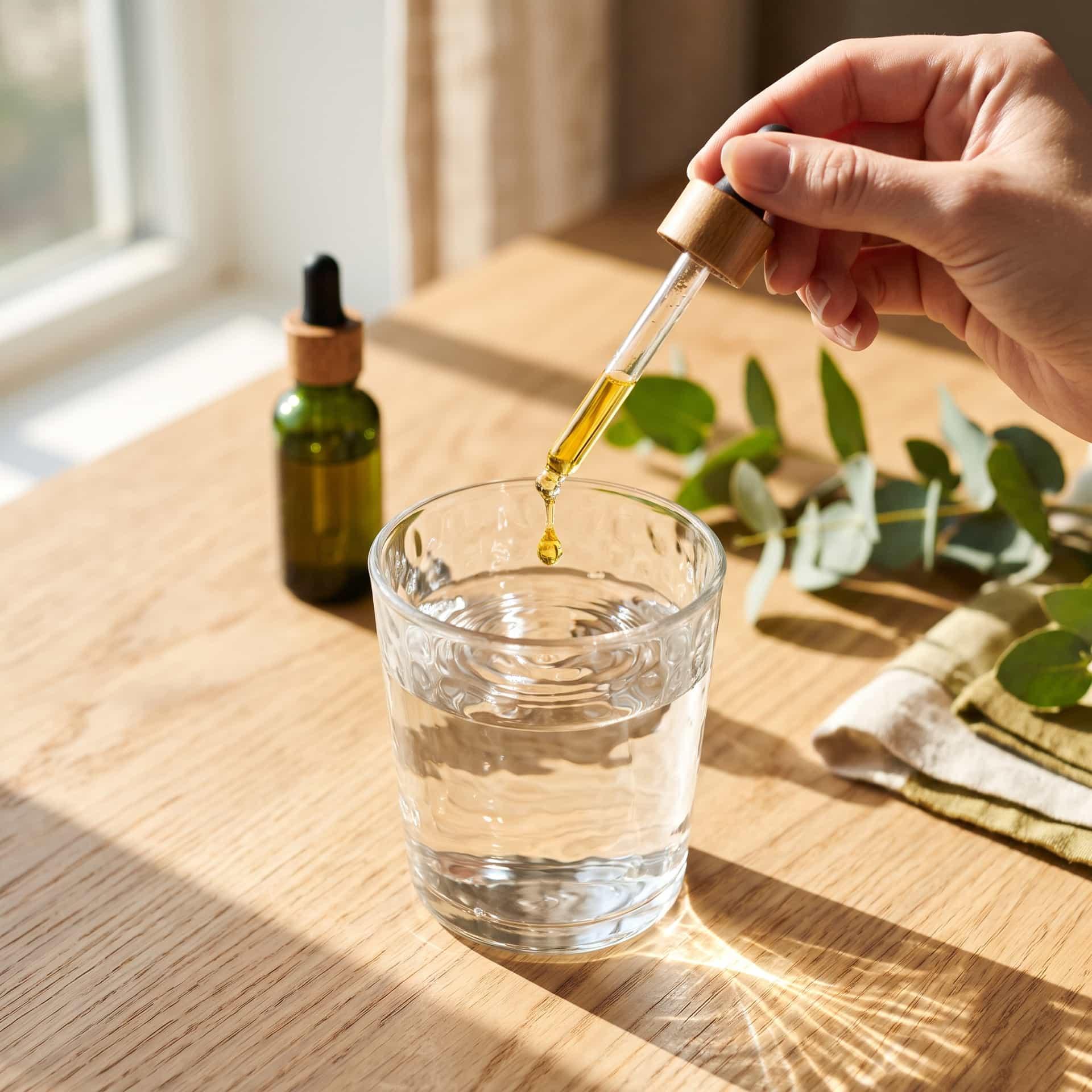 A golden drop falling into a glass of water in morning sun