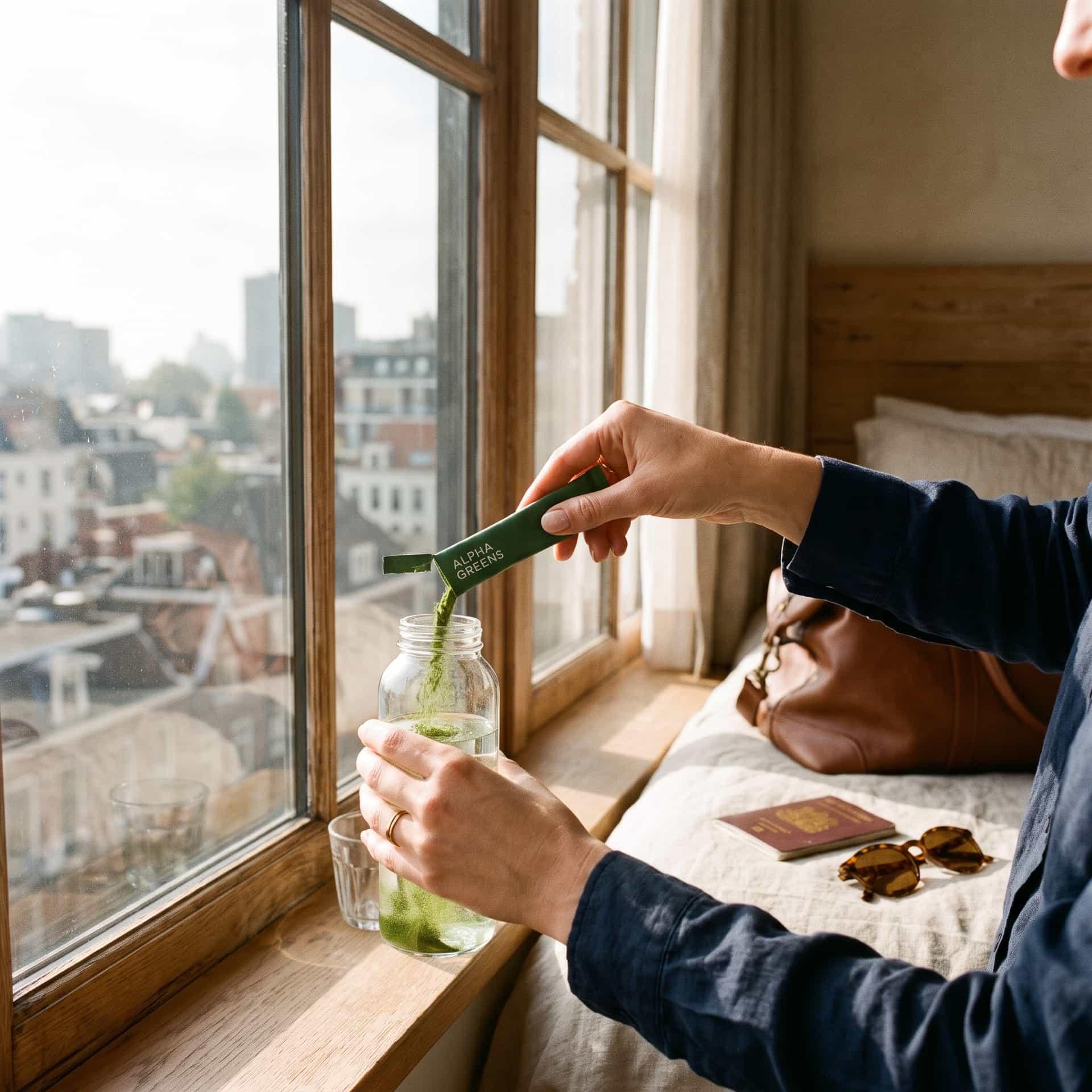 Pouring a travel pack into a water bottle by a hotel window