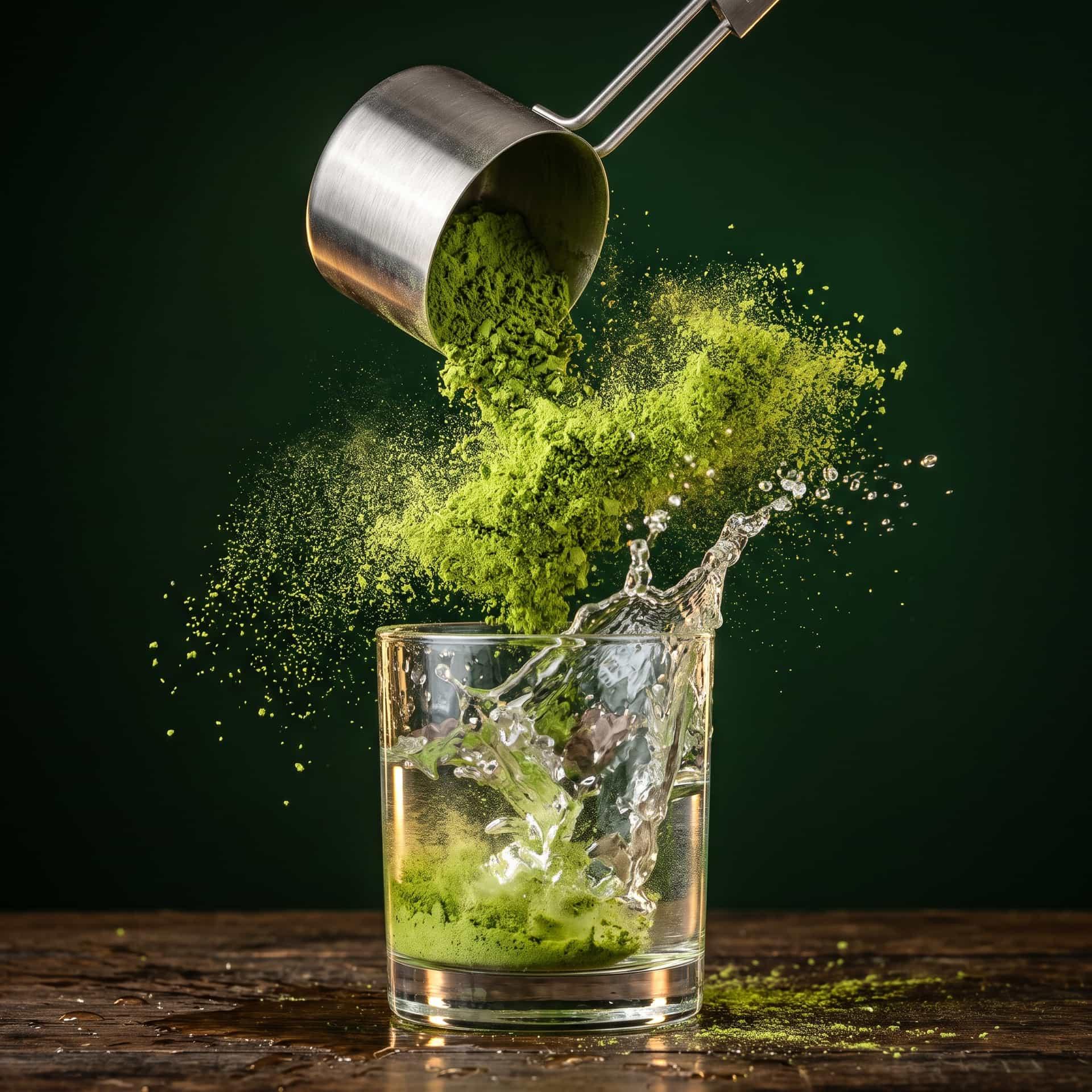 Scoop of Alpha Greens pouring into water